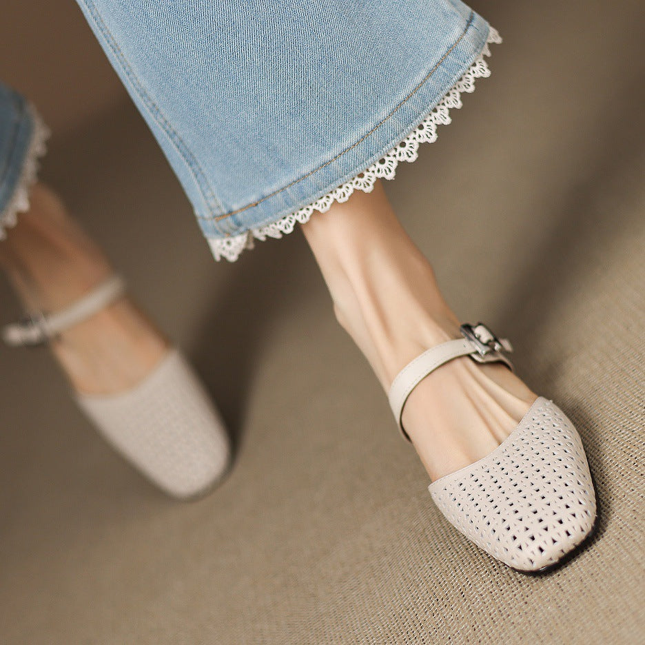 Square Toe Cut Out Buckle Block Heel Mules