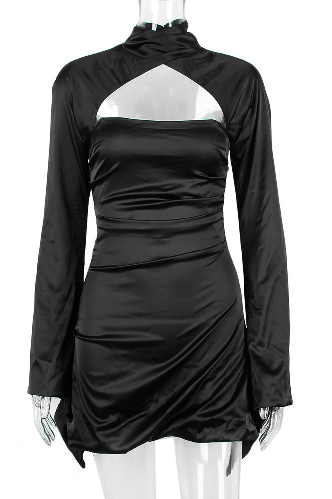 Satin Cowl Neck Long Sleeve Cut Out Ruched Bodycon Dress