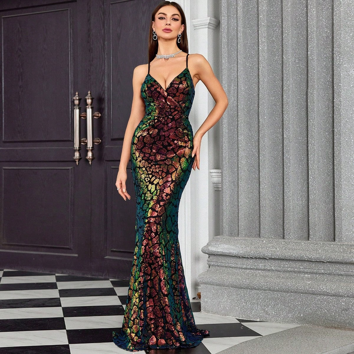 Sequin Spaghetti Strap Deep V-Neck Mermaid Maxi Gown