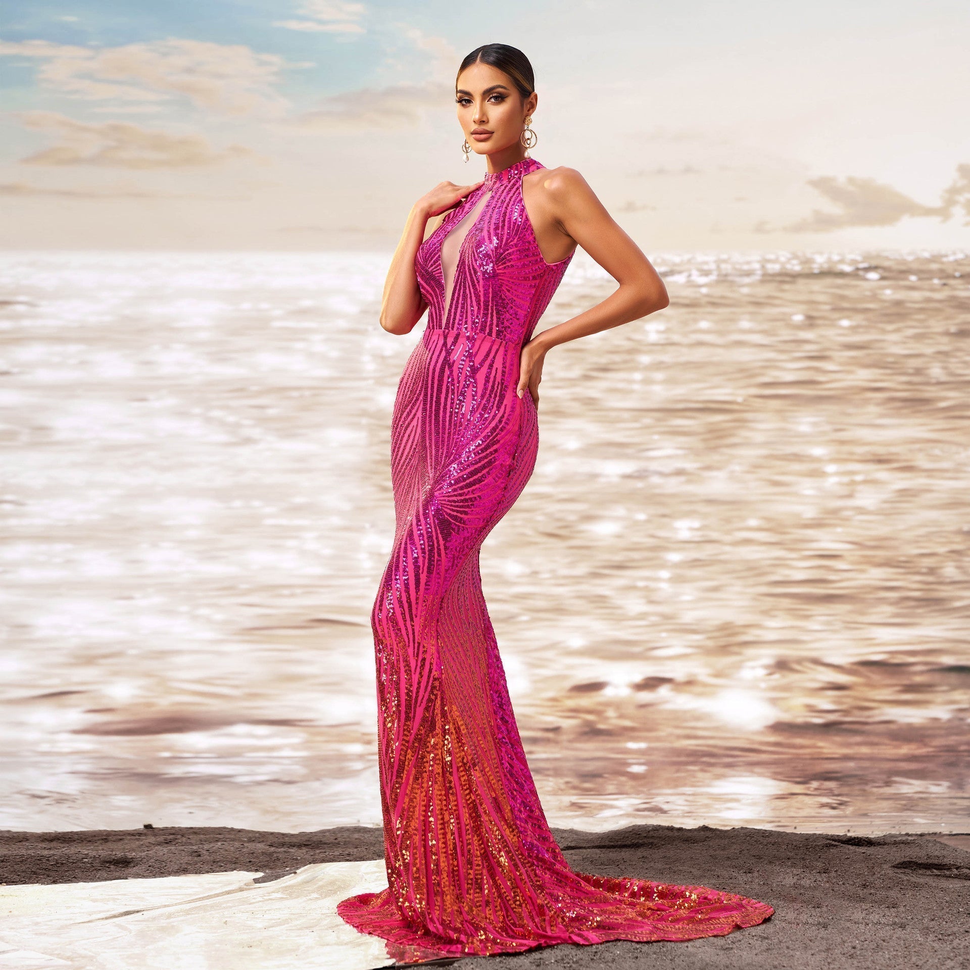 Sequin Halter Neck Keyhole Cut Out Mermaid Flared Hem Formal Gown