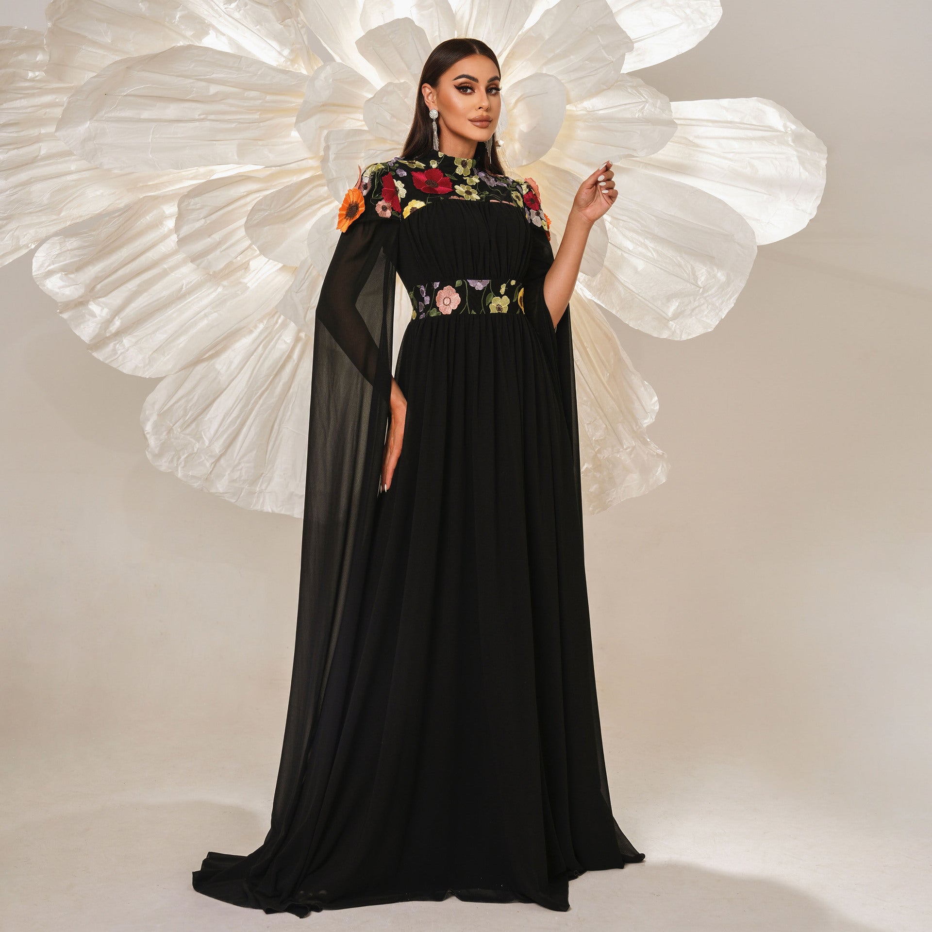 High Neck 3D Floral Applique Cape Sleeve Pleated Chiffon Maxi Gown
