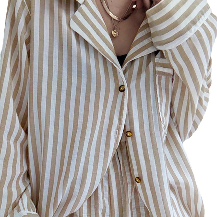 Cotton Striped Long-Sleeve Top Shorts Two-Piece Suit