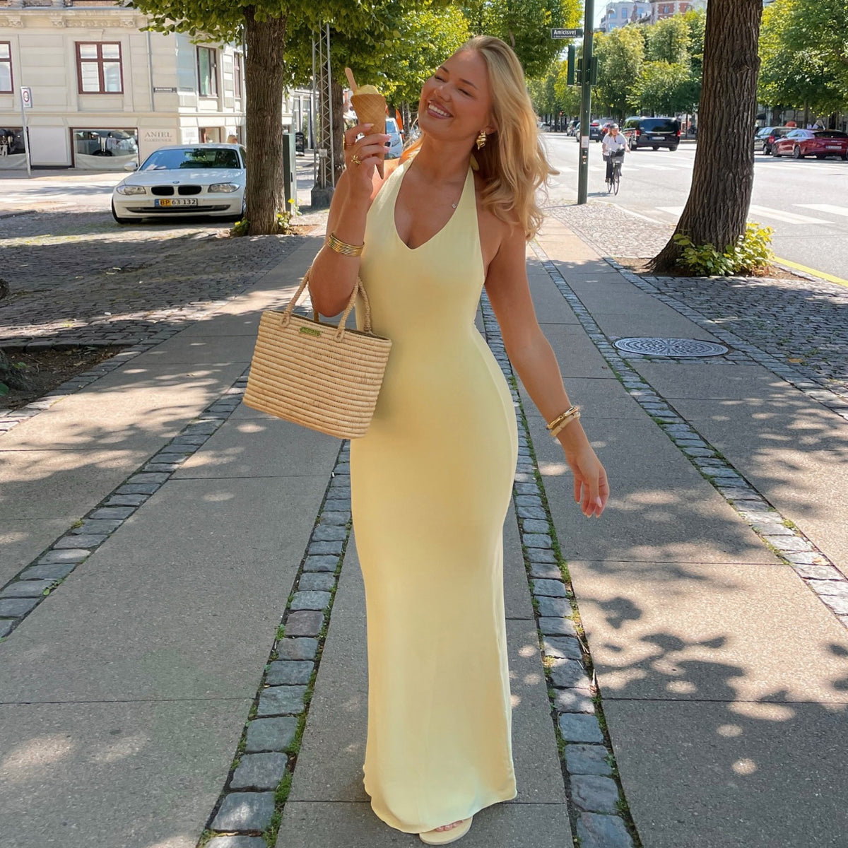 Women Clothing Summer Sexy V neck Halter Backless High Waist Slim Solid Color Dress