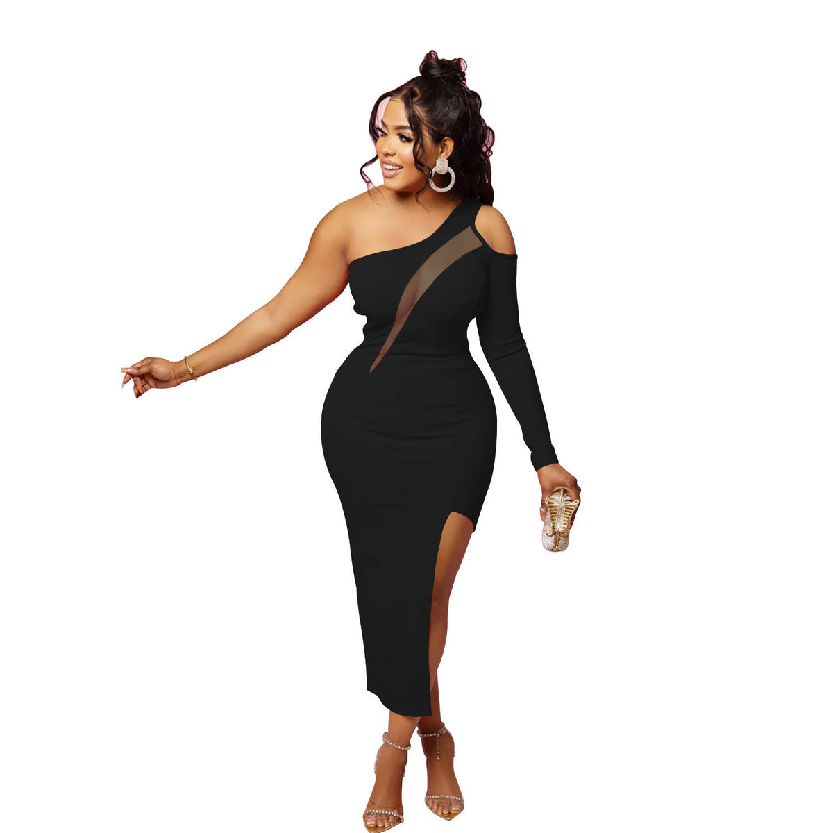 One Shoulder Mesh Insert Single Sleeve High Split Bodycon Midi Dress 11