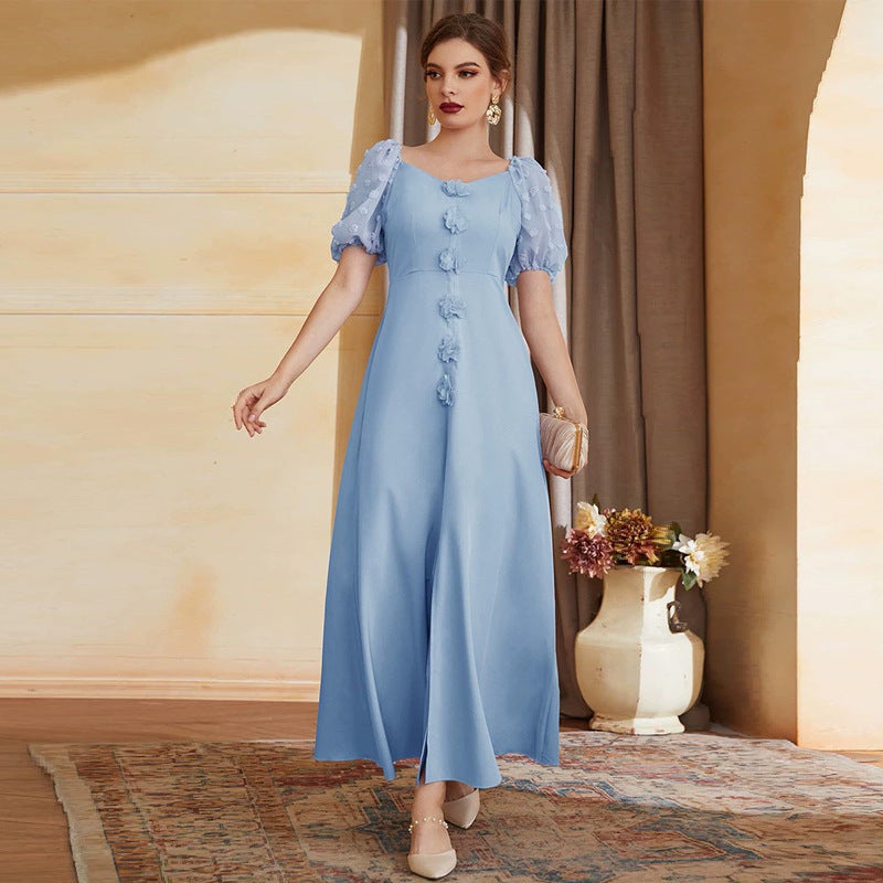 Rose Applique Sweetheart Swiss Dot Puff Sleeve Fit and Flare Maxi Dress