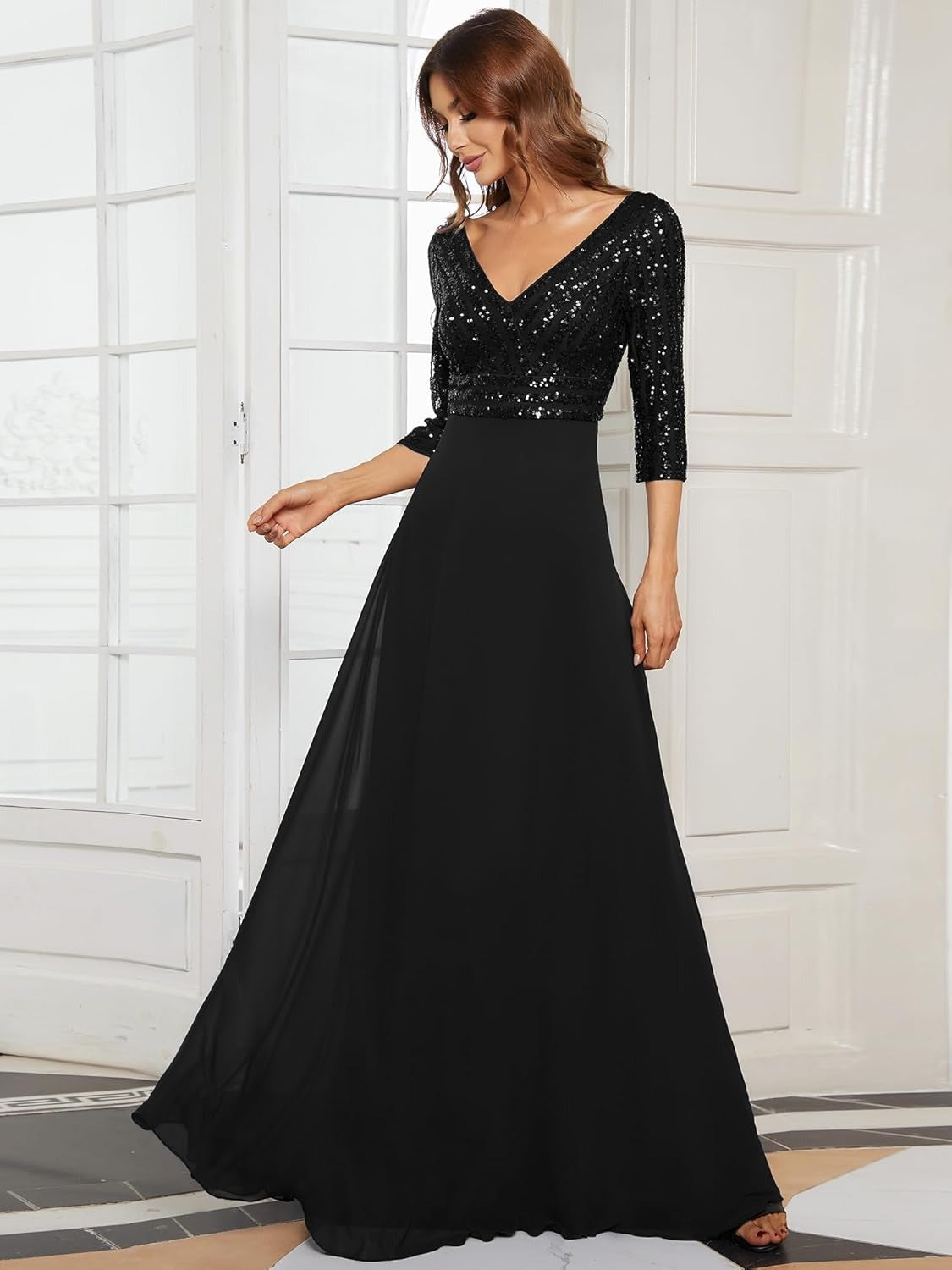 Sequin V-Neck Long Sleeve Chiffon A-Line Evening Dress