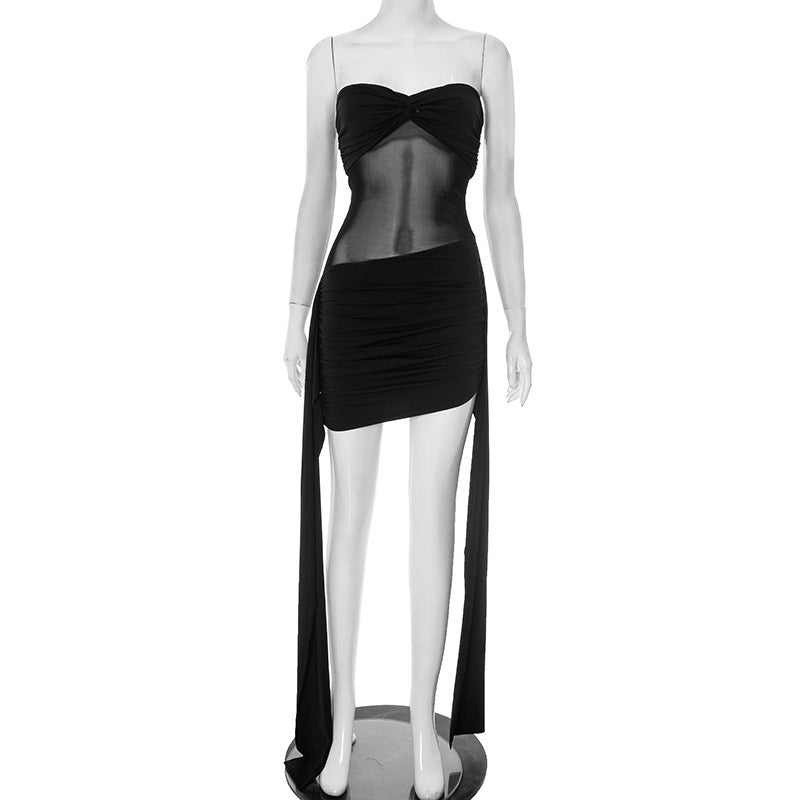 Strapless Twist Bust Mesh Panel Ruched Mini Dress with Draped Side Trains 2
