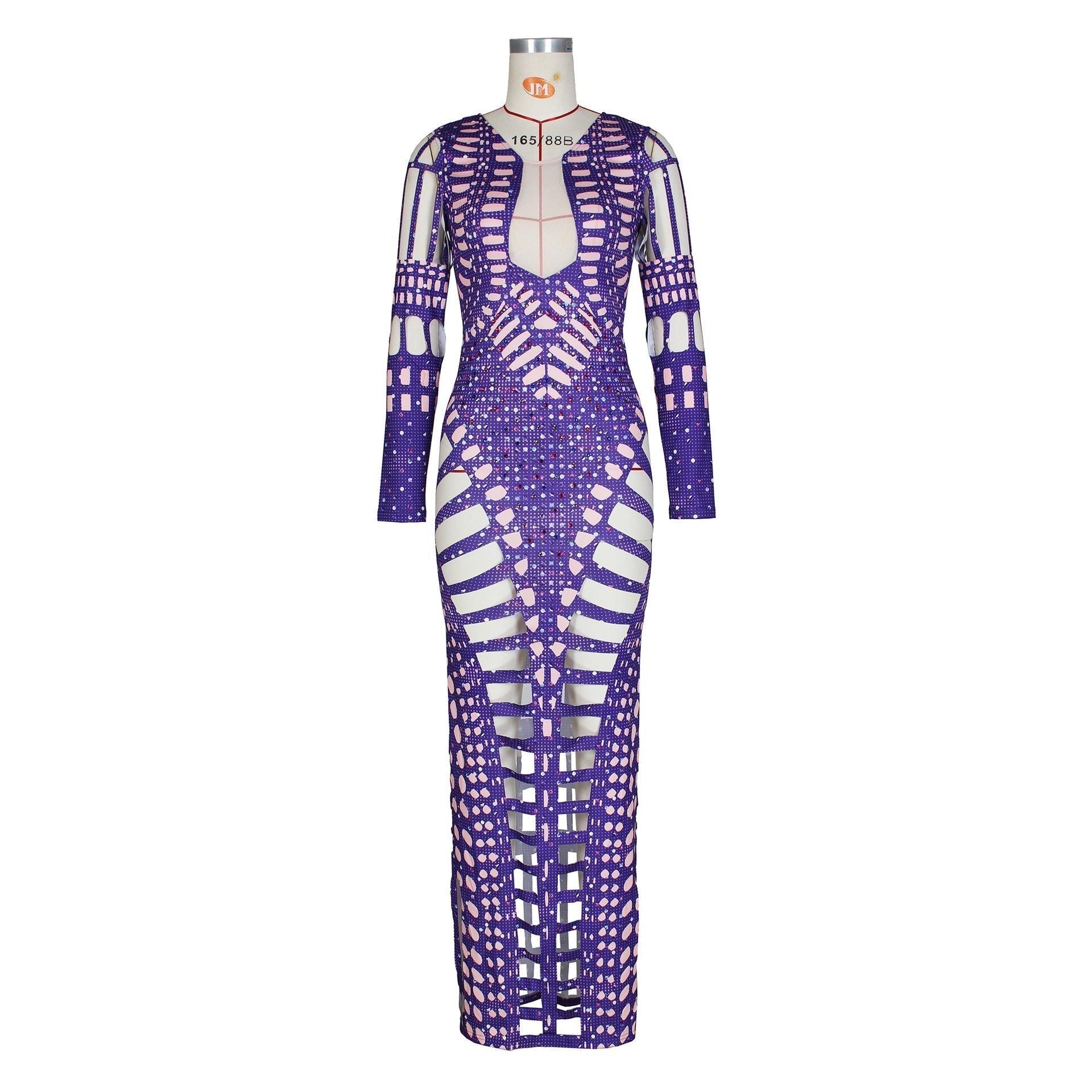 Sequin Deep V-Neck Mesh Panel Lattice Cut Out Long Sleeve Maxi Gown