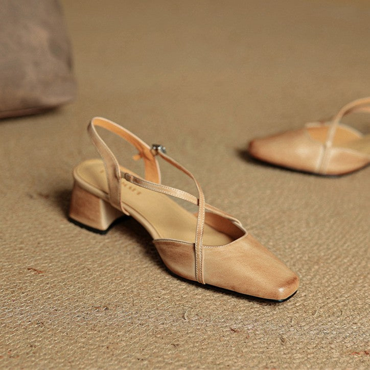 Square Toe Cross Strap Block Heel Slingback Pumps