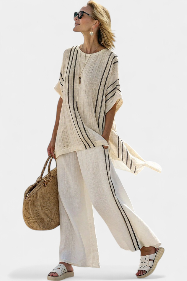 Striped Short Sleeve Top and Wide Leg Pants Two Piece Set