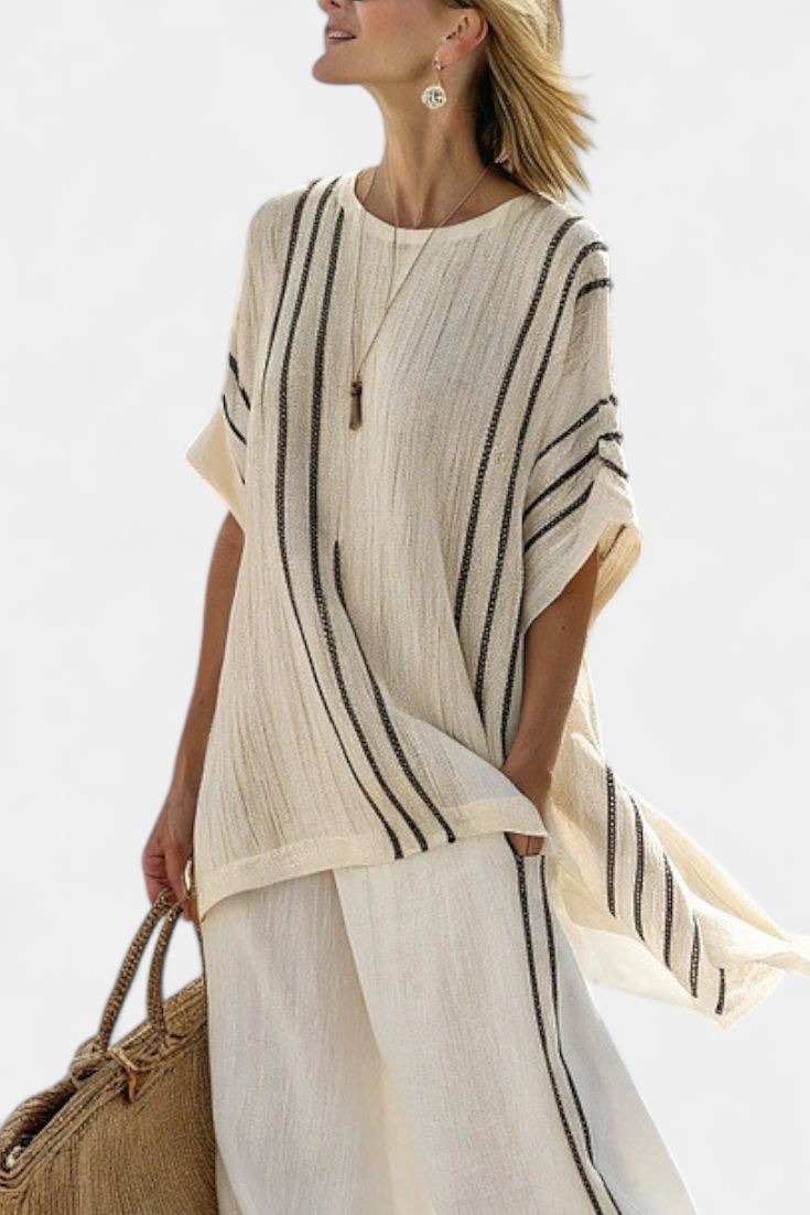 Striped Short Sleeve Top and Wide Leg Pants Two Piece Set