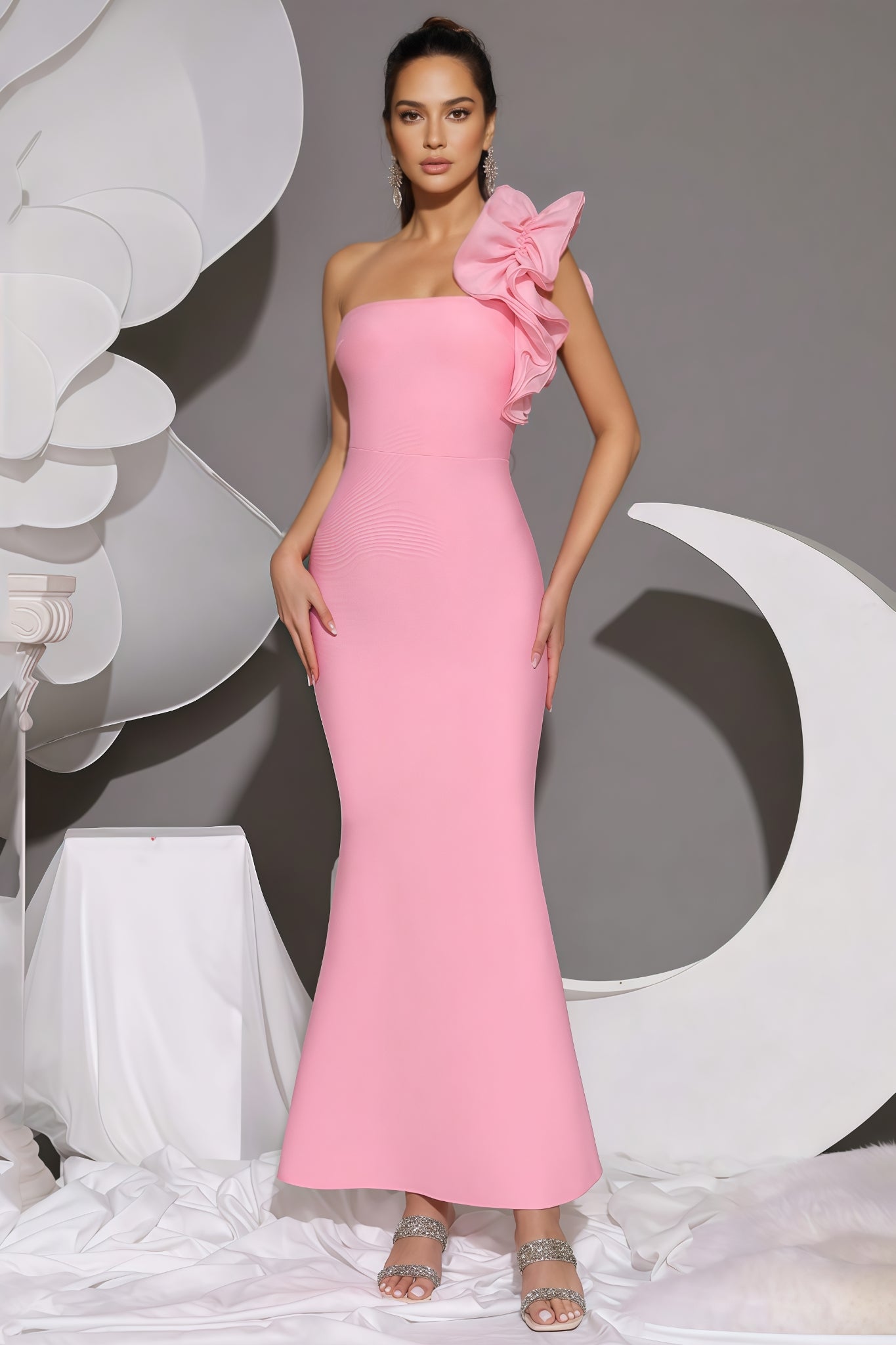 Marigold Pink One Shoulder Bandage Maxi Dress - View 3
