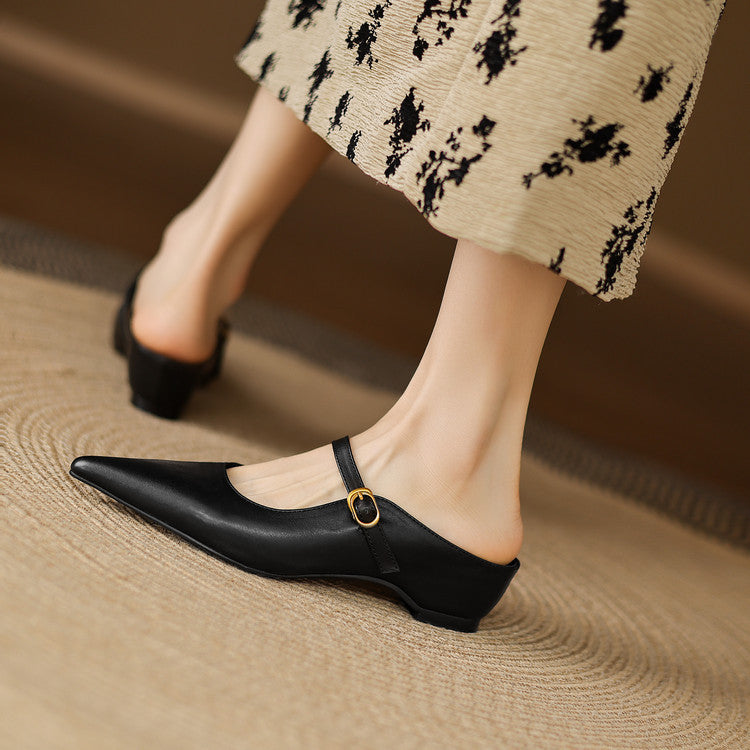 Pointed Toe Ankle Strap Mary Jane Flat Mules