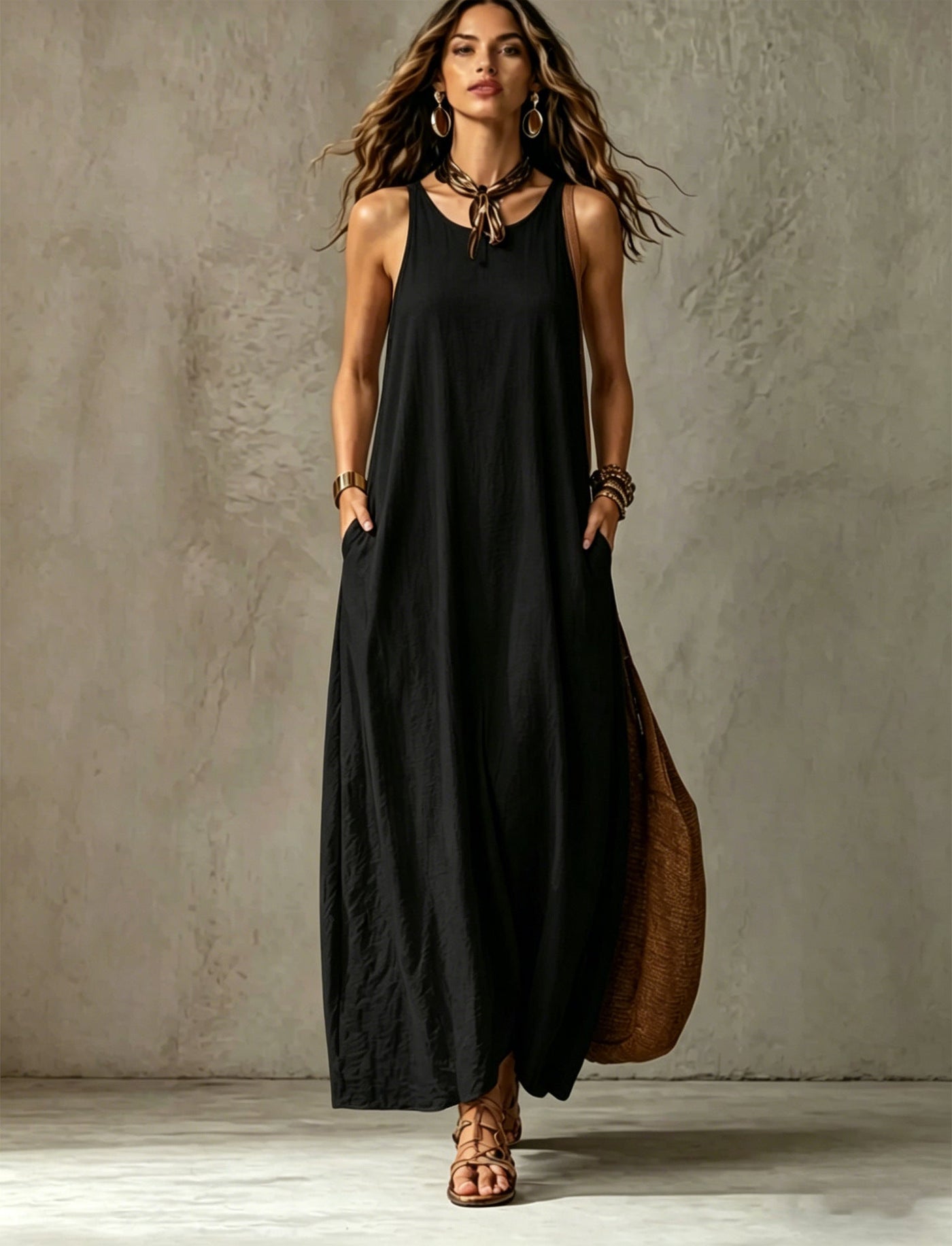 Sleeveless Tie Neck Pocket Maxi Dress 12