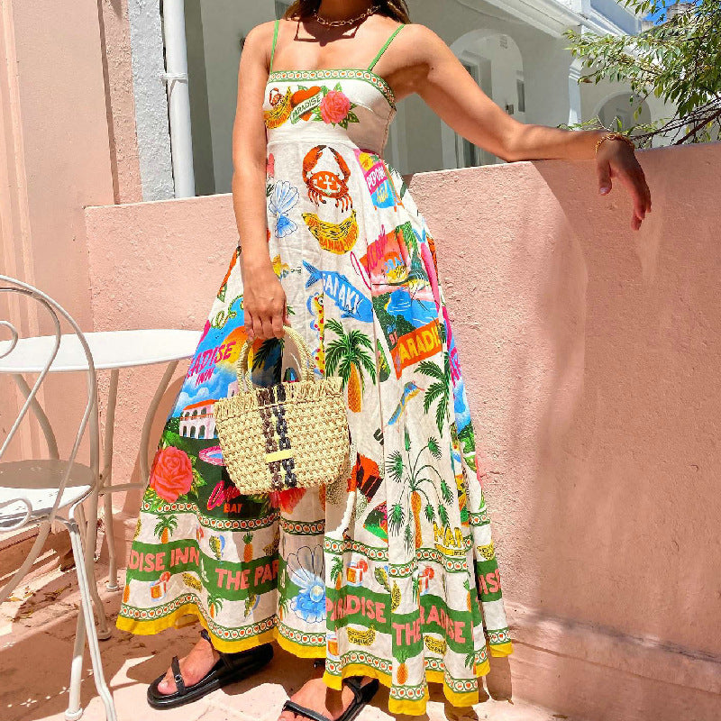 Tropical Graphic Print Spaghetti Strap Fit and Flare Maxi Dress