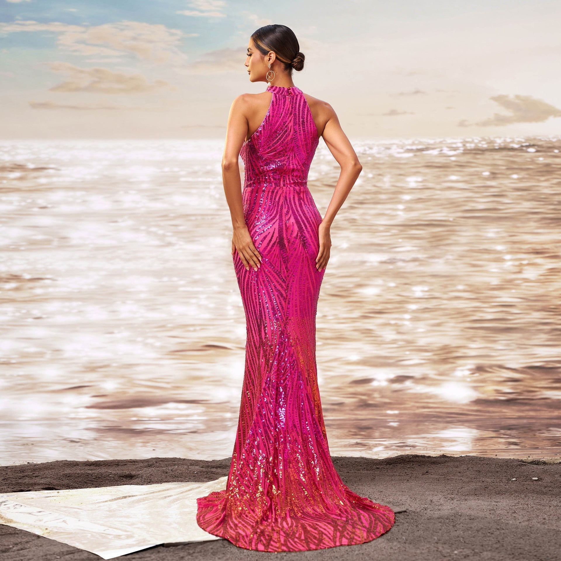Sequin Halter Neck Keyhole Cut Out Mermaid Flared Hem Formal Gown