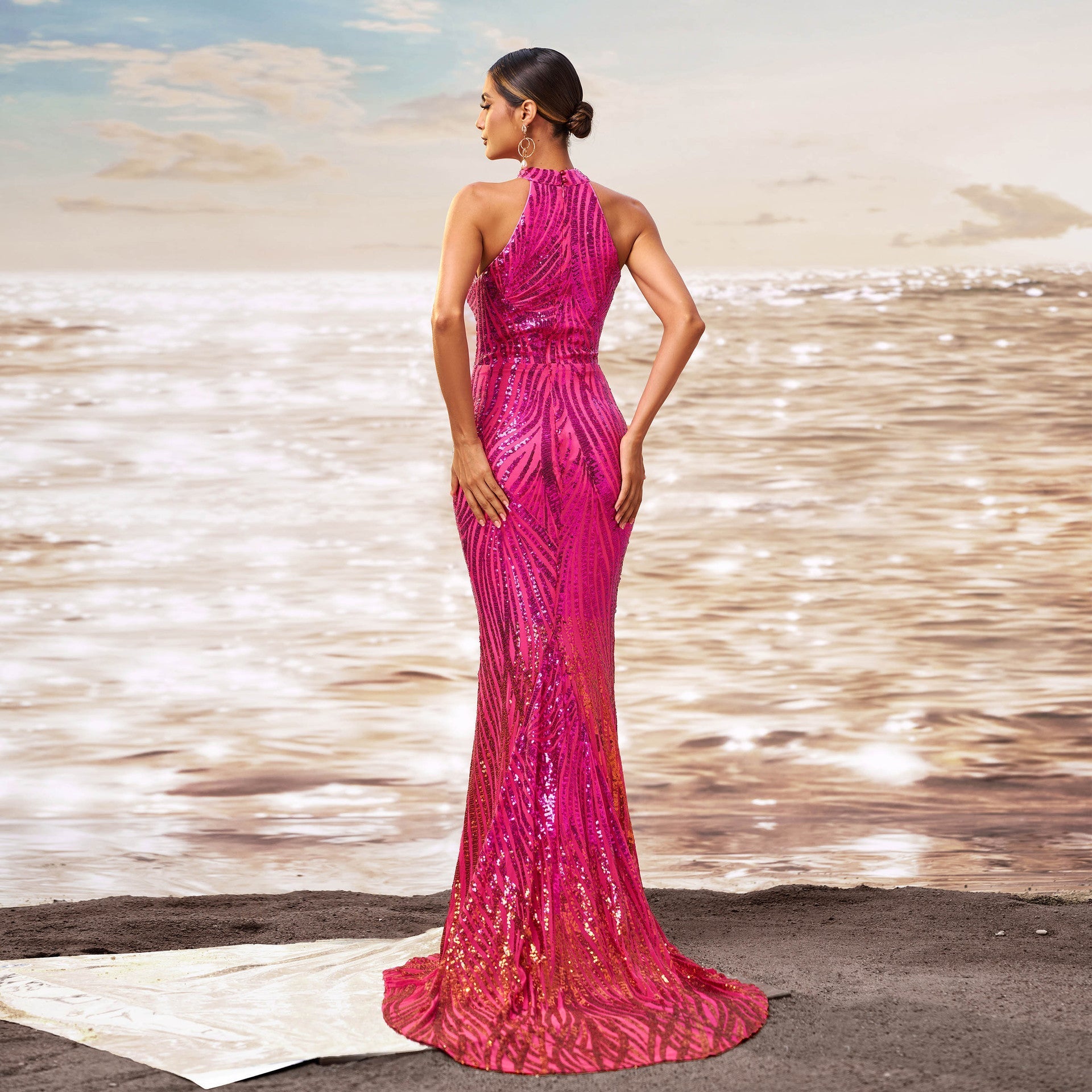 Sequin Halter Neck Keyhole Mermaid Fishtail Evening Gown