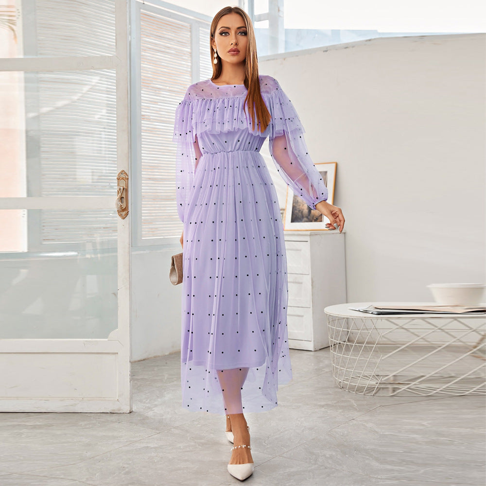 Polka Dot Mesh High Neck Puff Sleeve Tiered Ruffle Pleated Midi Dress