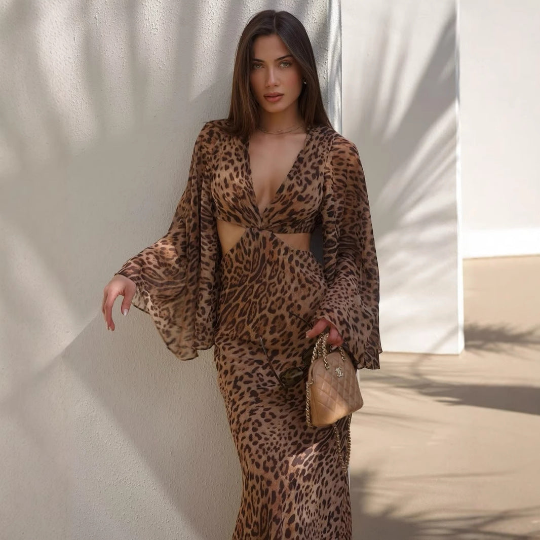 Leopard Print Plunge V-Neck Bell Sleeve Cut Out Waist Maxi Dress