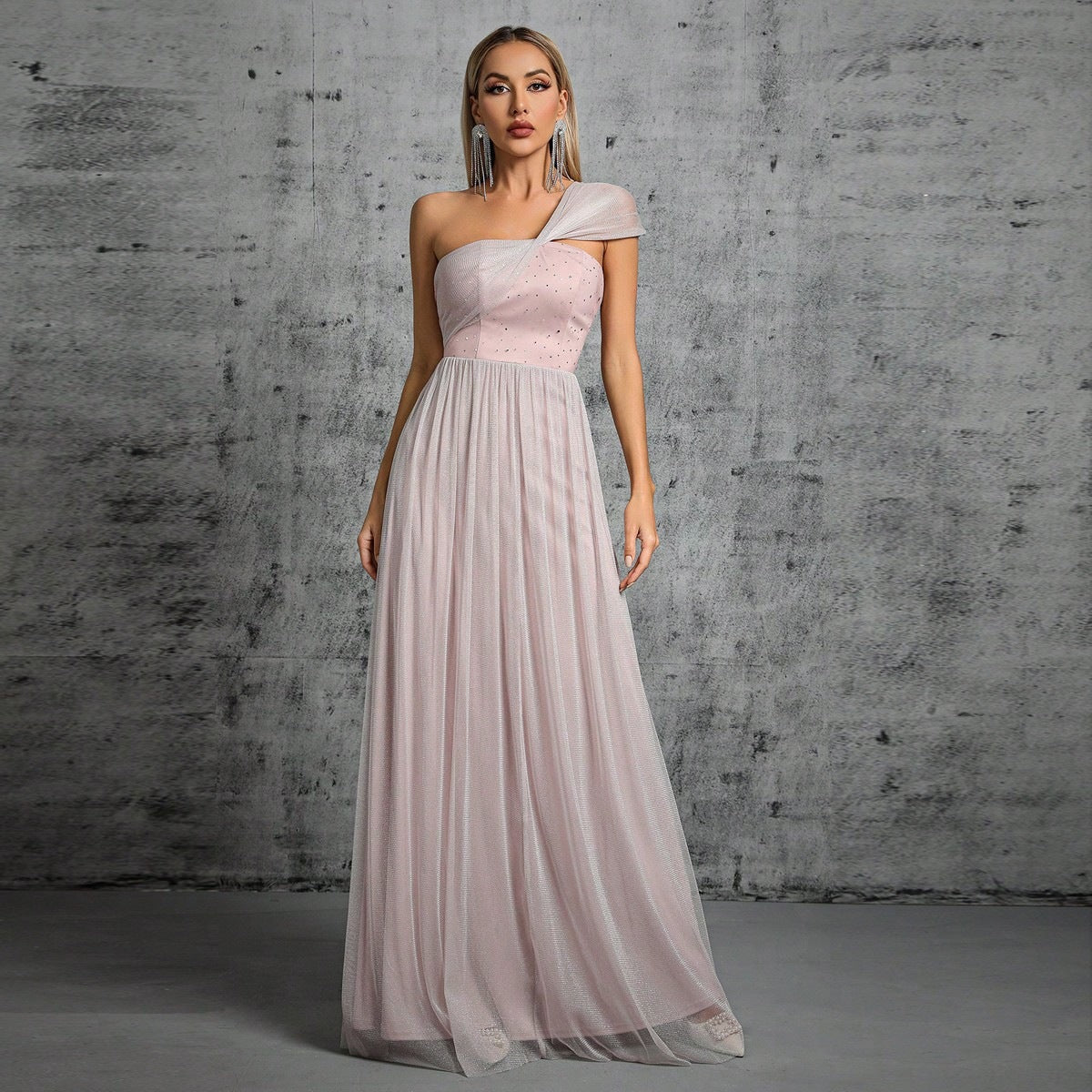 One Shoulder Rhinestone Tulle A-Line Maxi Evening Gown