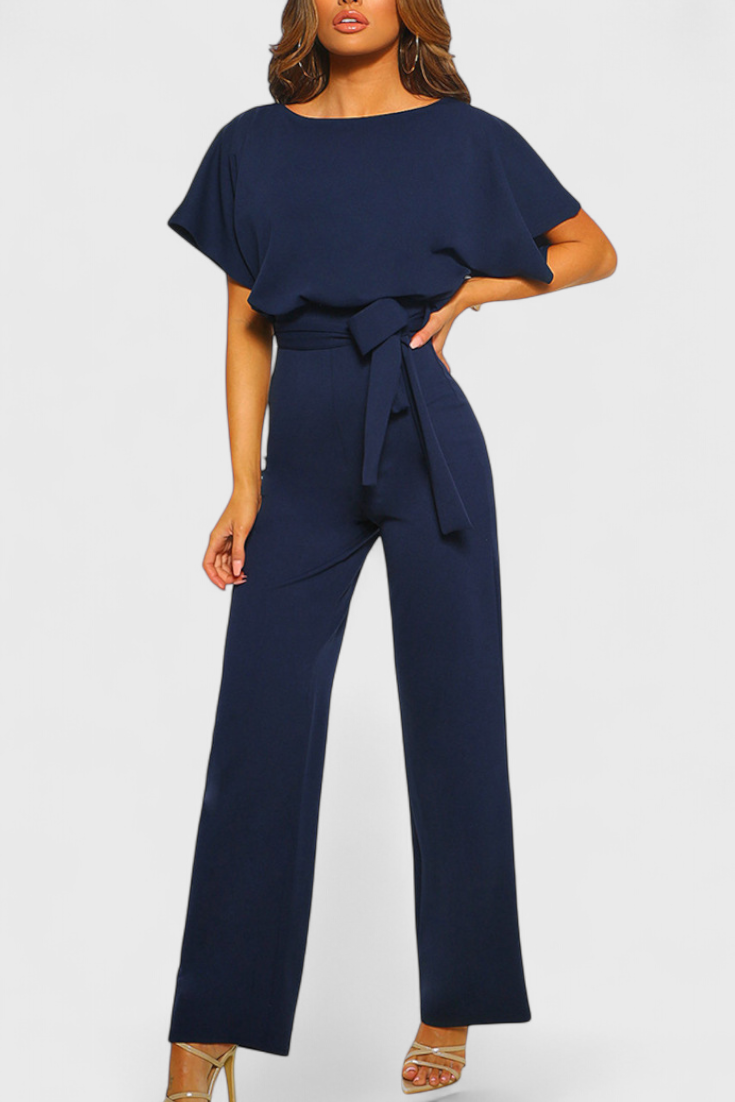 Boat Neck Batwing Sleeve Belted Wide Leg Jumpsuit
