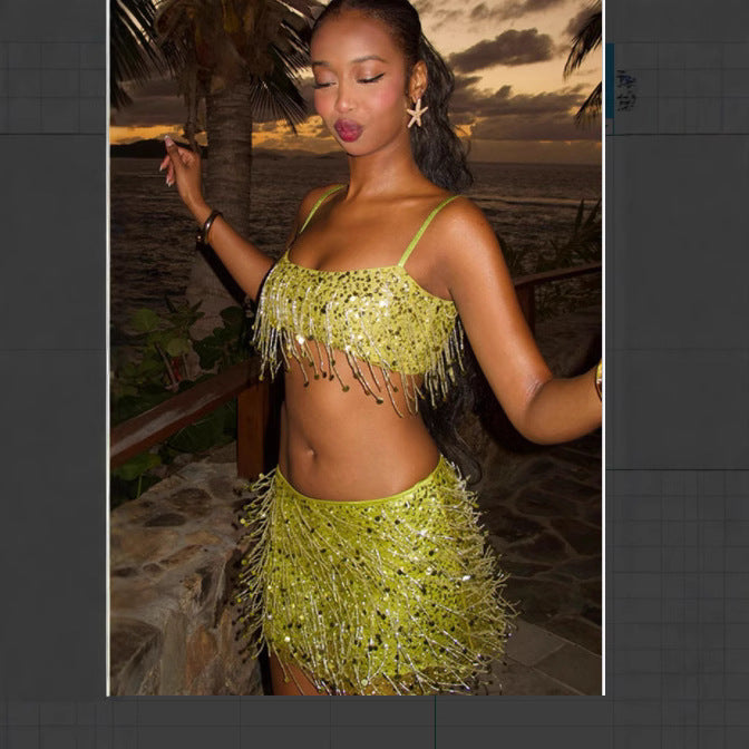 Sequin Fringe Spaghetti Strap Two Piece Set