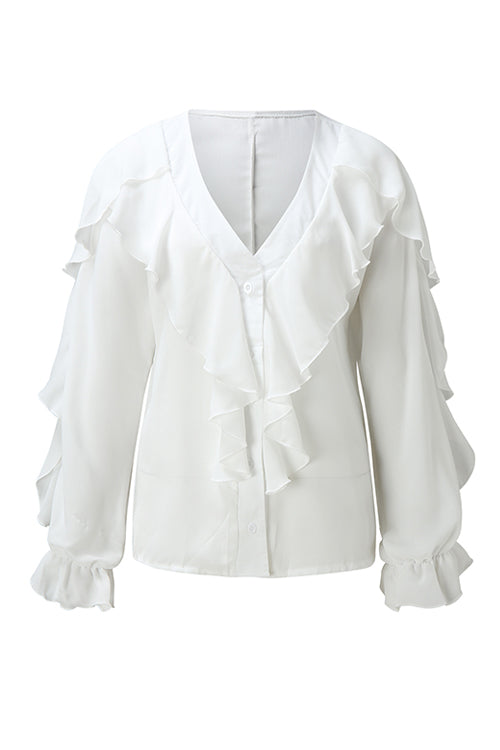 Ruffles Button V Neck Blouse