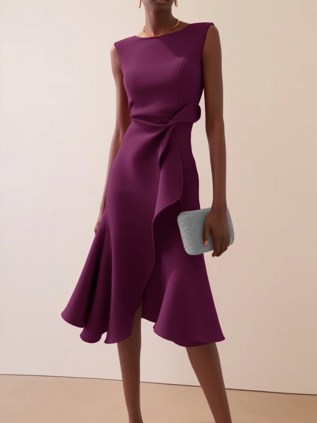 Crew Neck Sleeveless Twist Knot Ruffle Fit and Flare Midi Dress