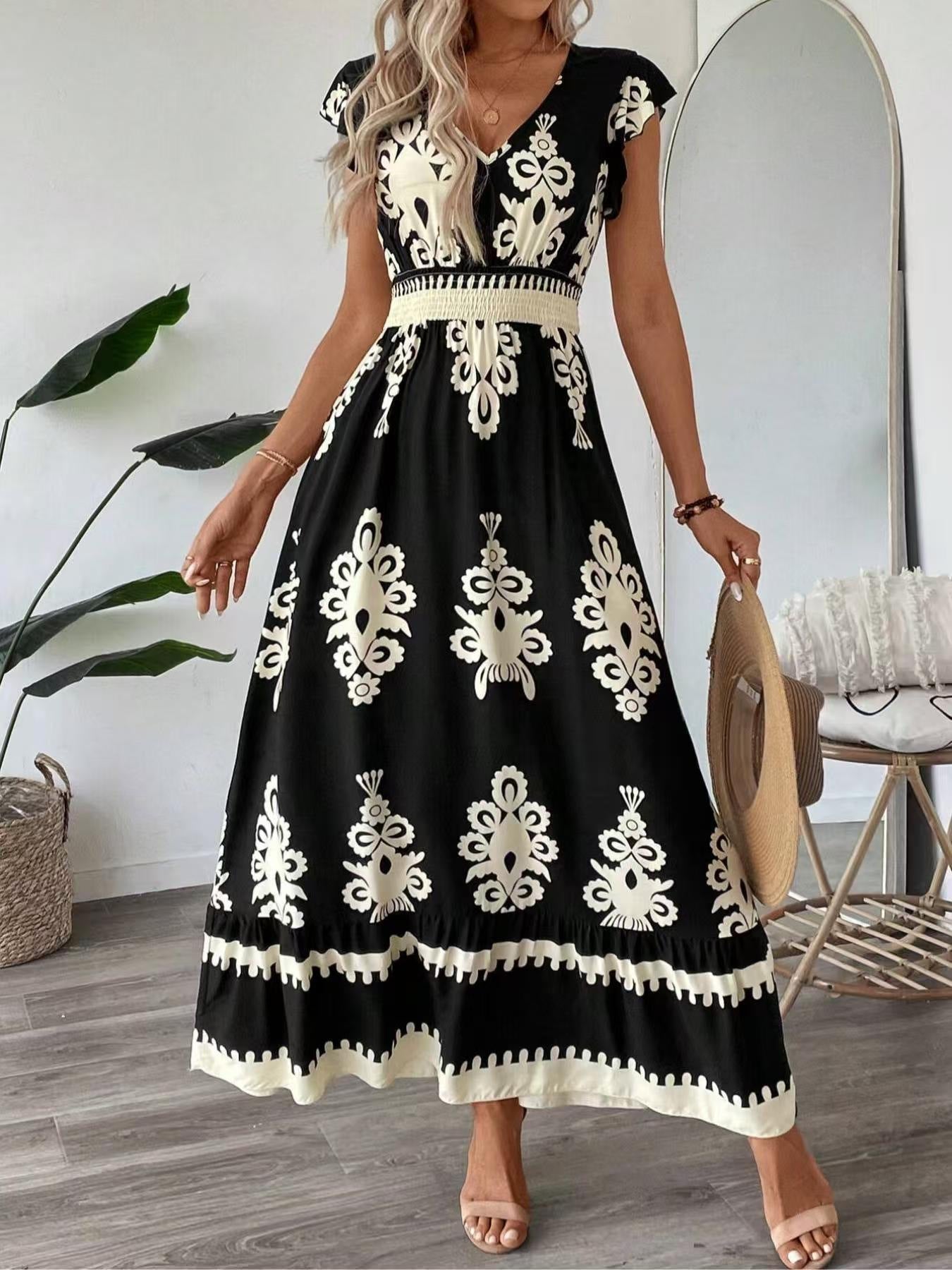 Bohemian Damask Print V-Neck Cap Sleeve Smocked Waist Ruffle Hem Maxi Dress