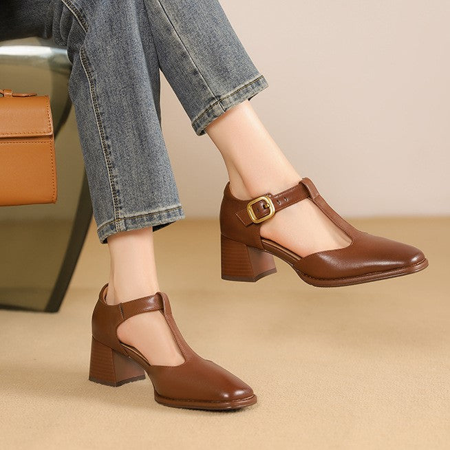 T-Strap Square Toe Block Heel Mary Jane Pumps
