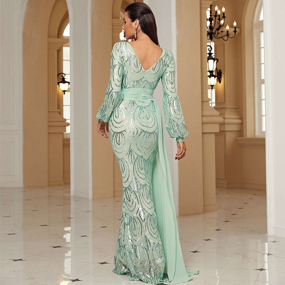 Sequin V-Neck Long Sleeve Mermaid Evening Gown