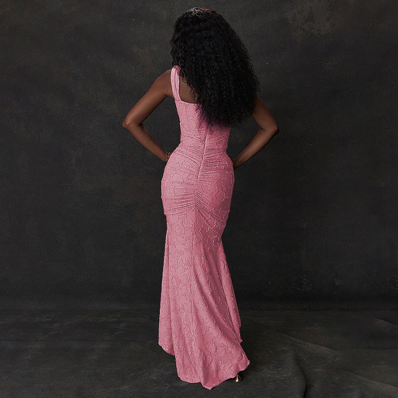 Jacquard Off Shoulder Cap Sleeve Corset Ruched Mermaid Maxi Gown