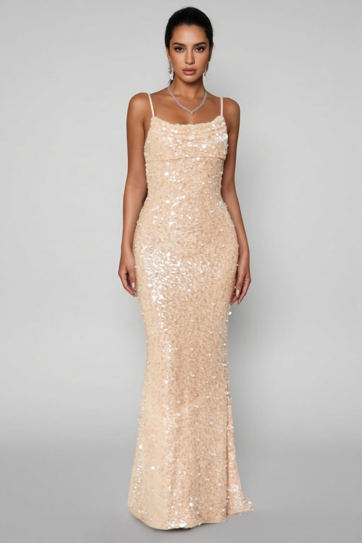 Cowl Neck Spaghetti Strap Sequin Mermaid Maxi Dress
