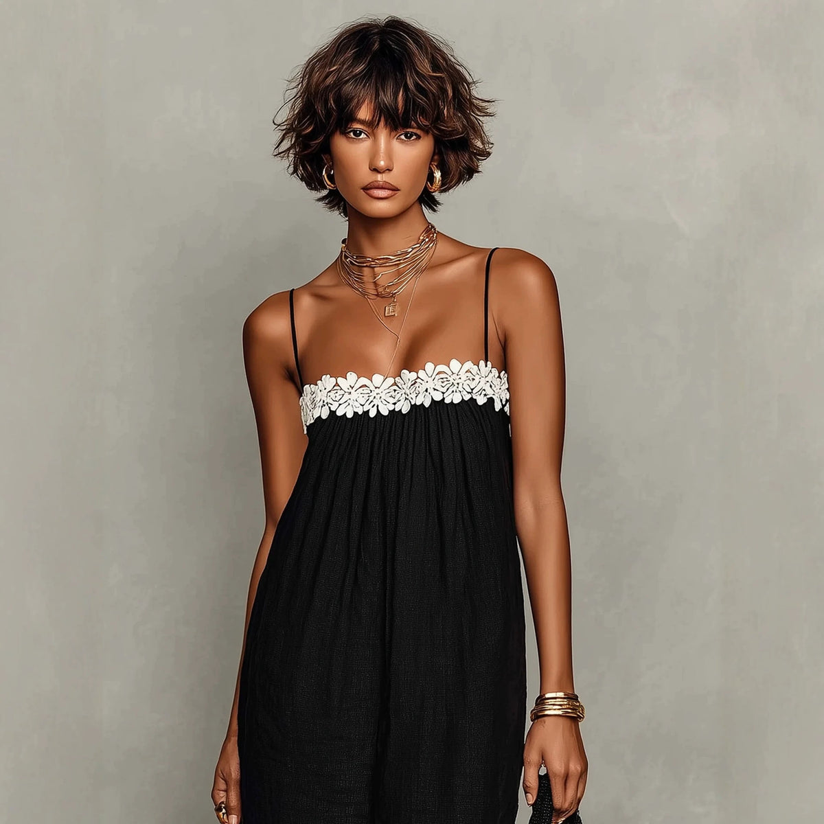Lace Trim Spaghetti Strap Gathered Bust Straight Maxi Dress 4
