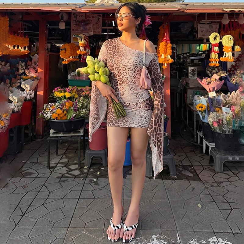 Women Clothing Leopard Print Diagonal Collar Long Sleeve Short Dress Sexy Vacation Sheath Dress