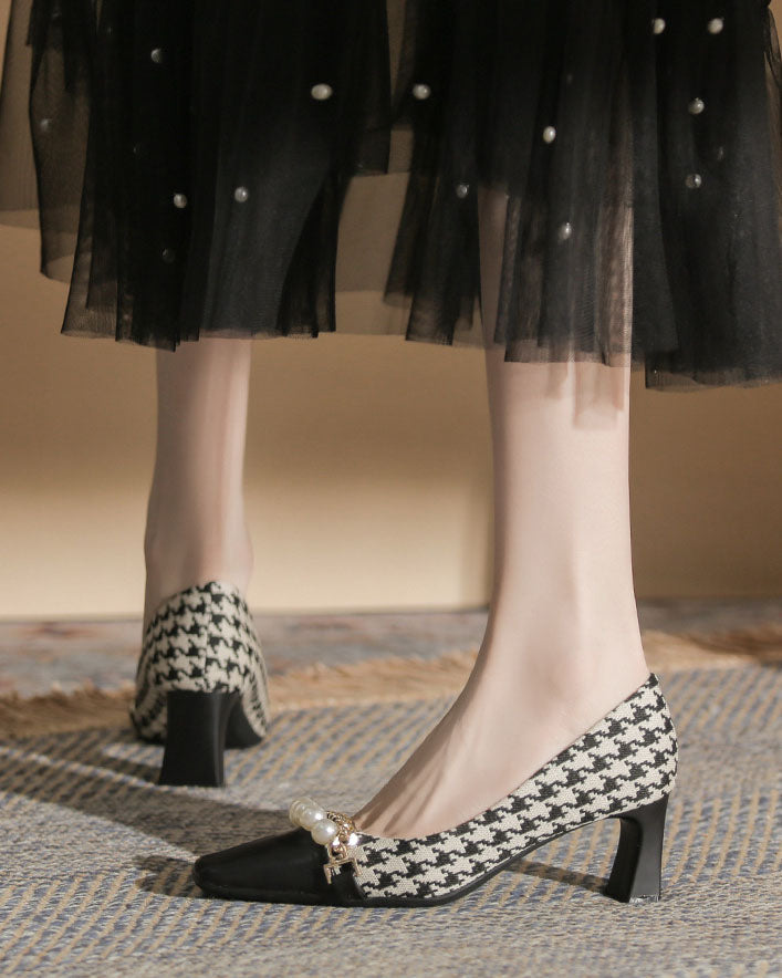 Pearl-Embellished Chunky Heel Plaid Velvet Shoes
