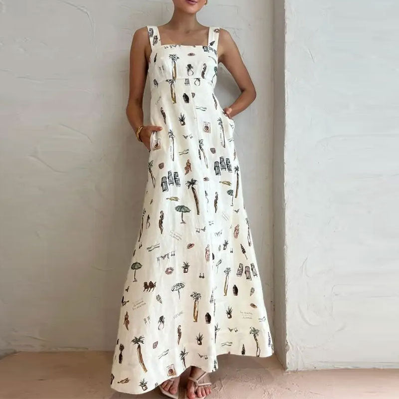Beach Novelty Print Square Neck Wide Strap Pocket A-Line Maxi Dress 5