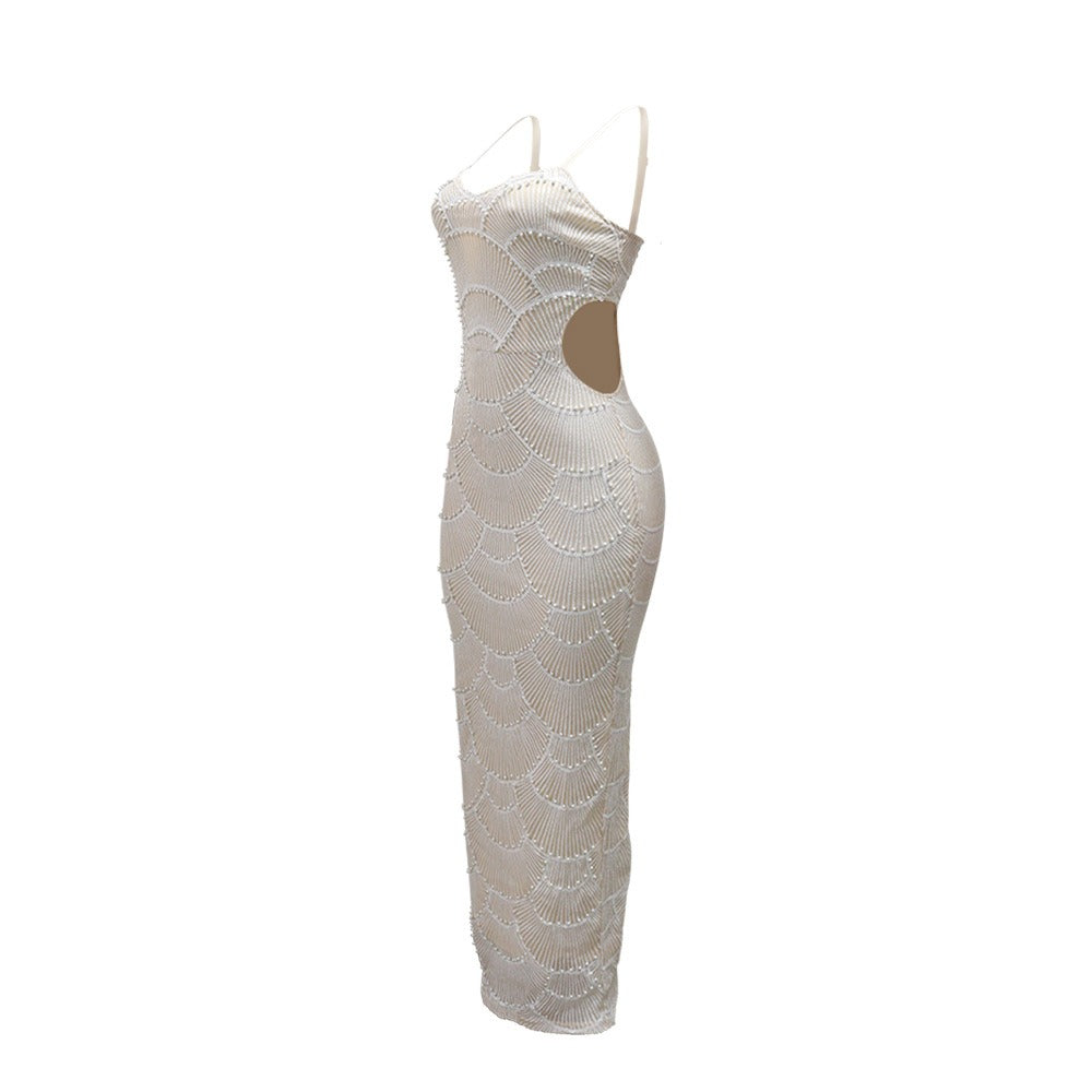 Sequin Faux Pearl Scallop Spaghetti Strap Cut Out Bodycon Midi Dress 8