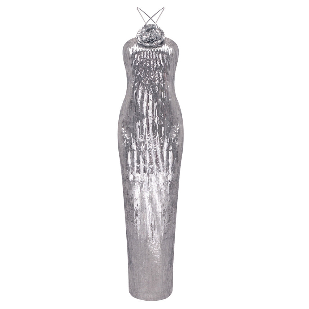 Sequin Halter Neck Rosette Detail Column Maxi Gown