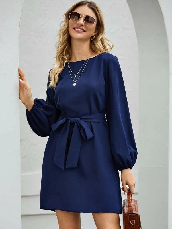 Boat Neck Balloon Sleeve Tie Waist Wrap Mini Dress