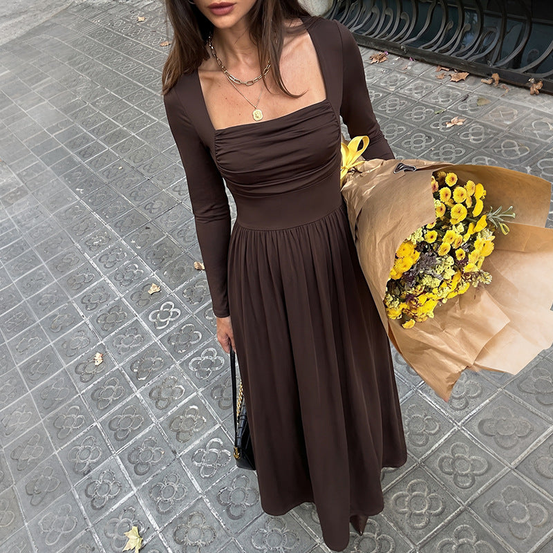 Square Neck Ruched Bust Long Sleeve Fit and Flare Maxi Dress 3