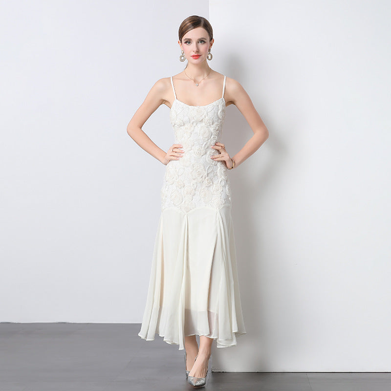3D Floral Rosette Appliqué Spaghetti Strap Drop Waist Flowy Maxi Gown
