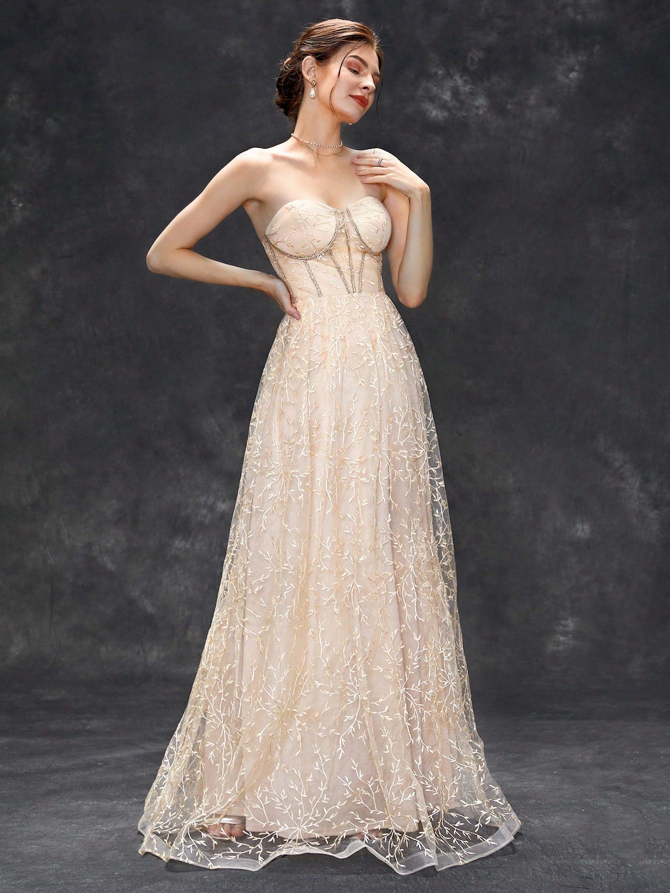 Strapless Sweetheart Corset Embroidered Tulle A-Line Maxi Dress