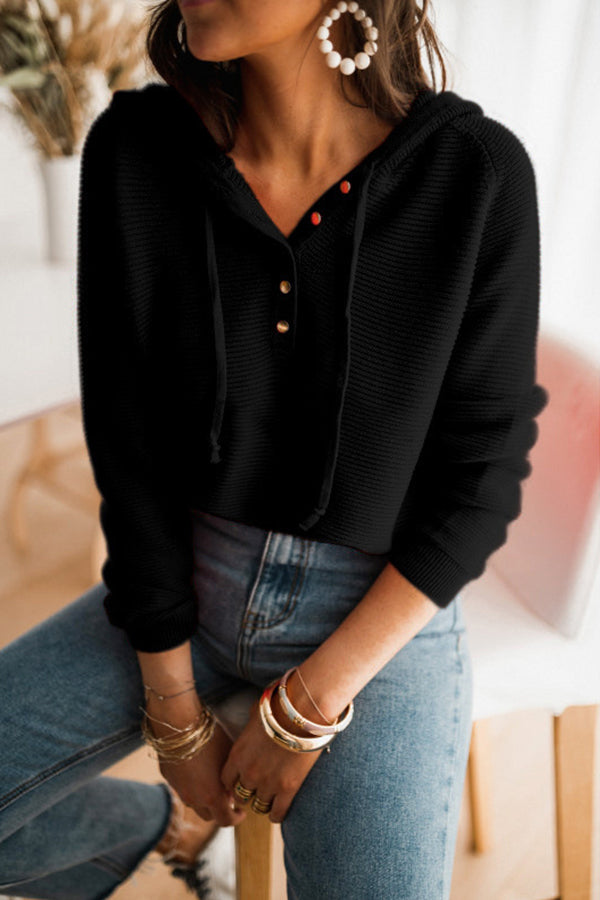 Button Neck Knit Hoodie