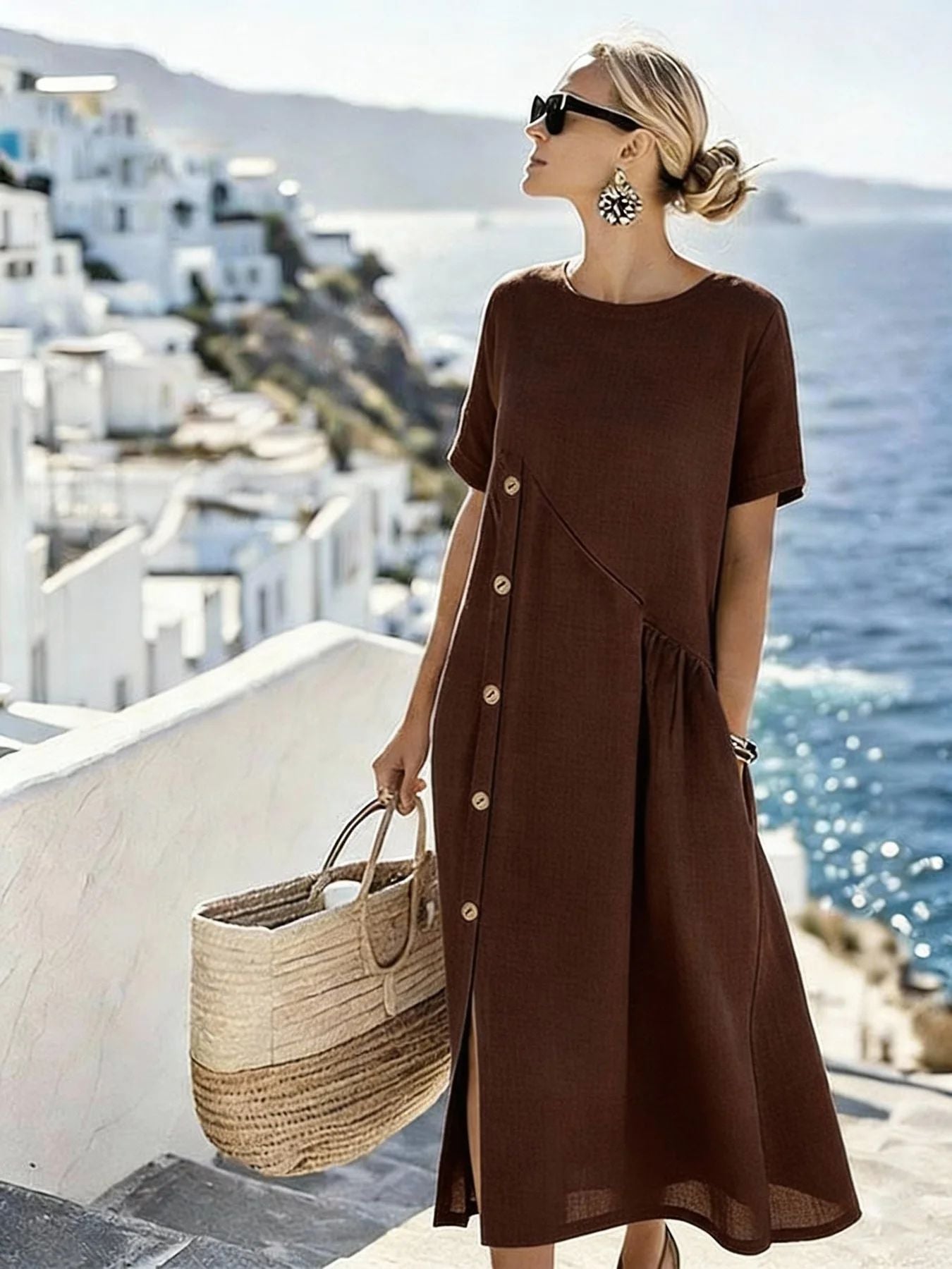 Crew Neck Short Sleeve Side Button Linen Midi Dress Summer 7