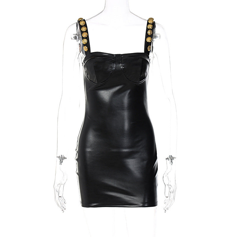 Faux Leather Bustier Button Strap Bodycon Mini Dress 5