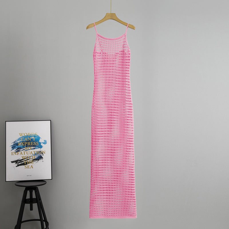 Women Hollow Out Cutout Mesh Strap Dress Summer Bandage Dress Outer Long Slim Vest Blouse Dress
