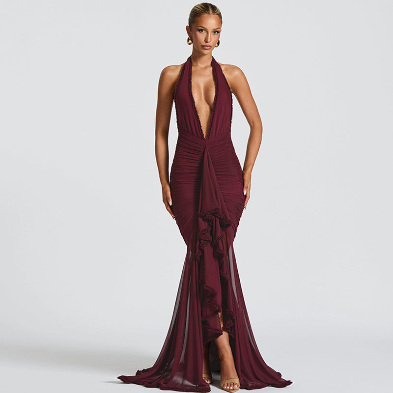 Summer Mesh Stitching Graceful Dress Maxi Dress V neck Halter Backless Sexy Dress Women