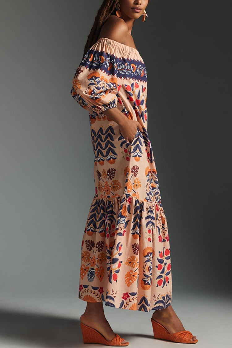 Summer Retro Floral Print Off Shoulder Loose Pockets Dress Women
