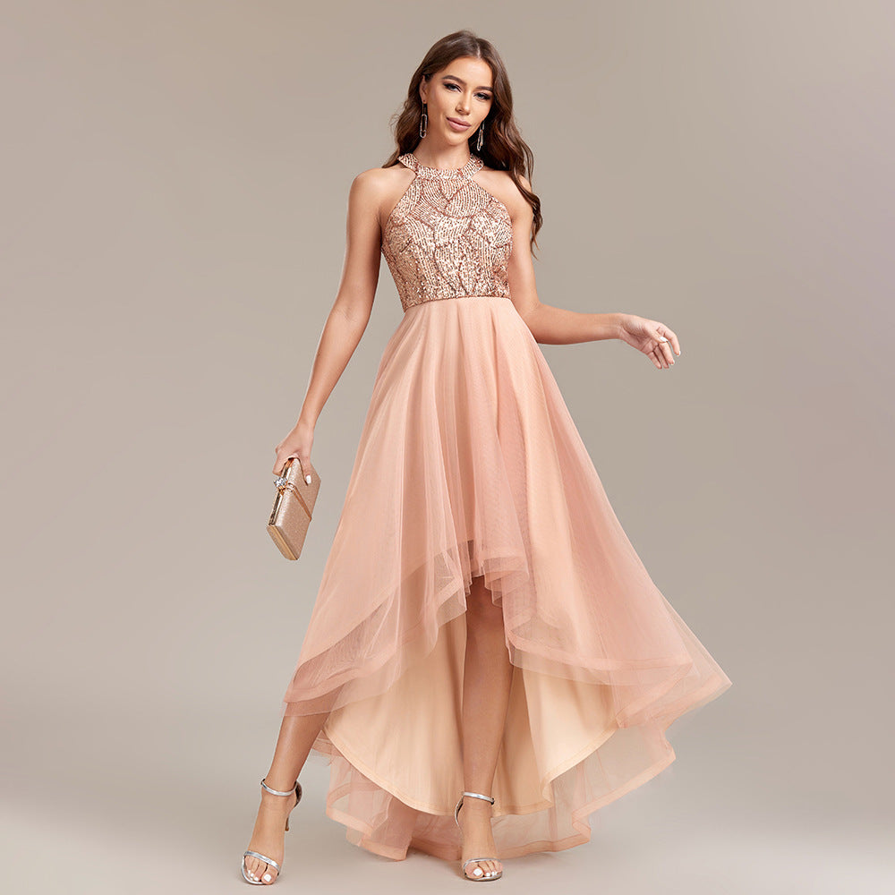 Halter Neck Sequin Tulle High Low A-Line Party Dress